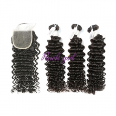 #1b Brazilian Virgin Human Hair Weft with 4x4 Closure Deep Curly