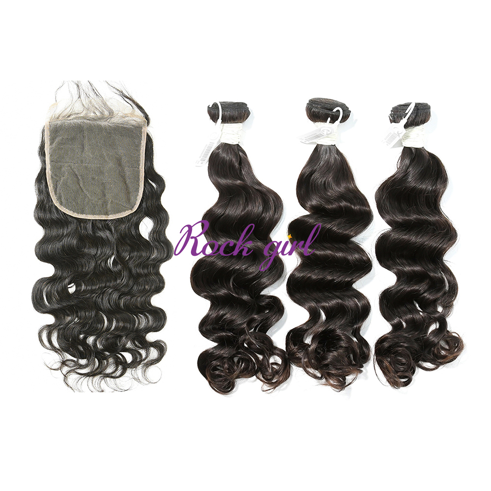 #1b Brazilian Virgin Human Hair Weft with 5×5 Closure Ocean Wave