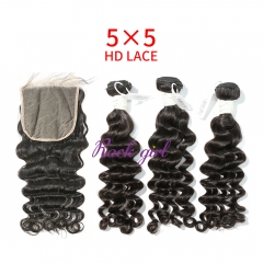 HD Lace Virgin Human Hair Bundle with 5X5 Closure Deep Wave