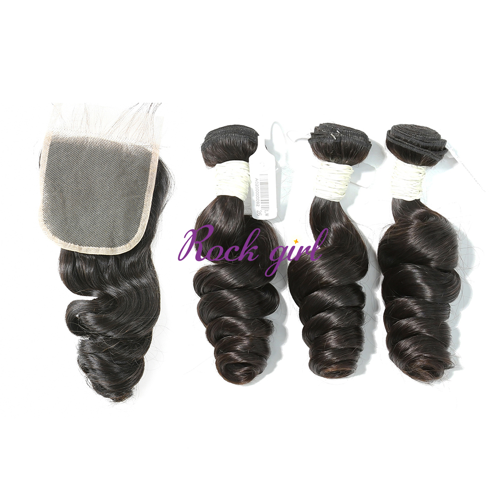 #1b Brazilian Virgin Human Hair Weft with 4x4 Closure Loose Wave