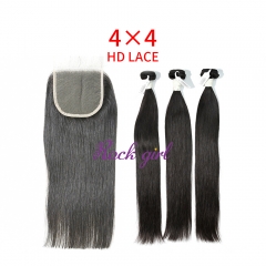 HD Lace Virgin Human Hair Bundle with 4×4 Closure Straight