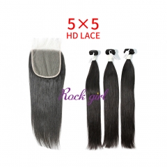 HD Lace Virgin Human Hair Bundle with 5X5 Closure Straight