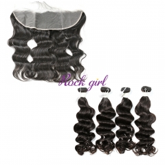 #1b Brazilian Virgin Human Hair Weft with 13x4 Frontal Ocean Wave