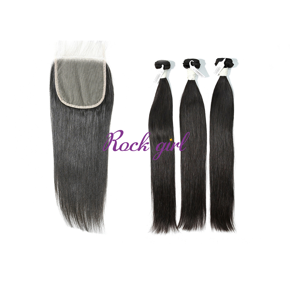 #1b Brazilian Virgin Human Hair 4X4 Lace Closure With Hair Weft Straight