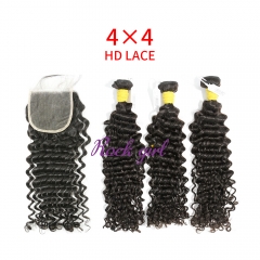 HD Lace Raw Human Hair Bundle with 4×4 Closure Deep Curly