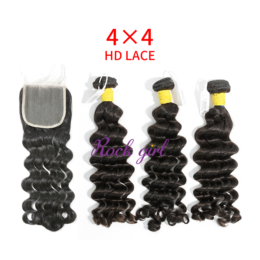 HD Lace Raw Human Hair Bundle with 4×4 Closure Deep Wave