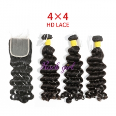 HD Lace Raw Human Hair Bundle with 4×4 Closure Deep Wave