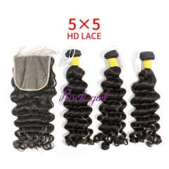 HD Lace Raw Human Hair Bundle with 5×5 Closure Deep Wave