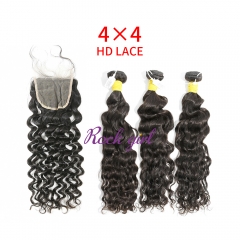 HD Lace Raw Human Hair Bundle with 4×4 Closure Indian Curly