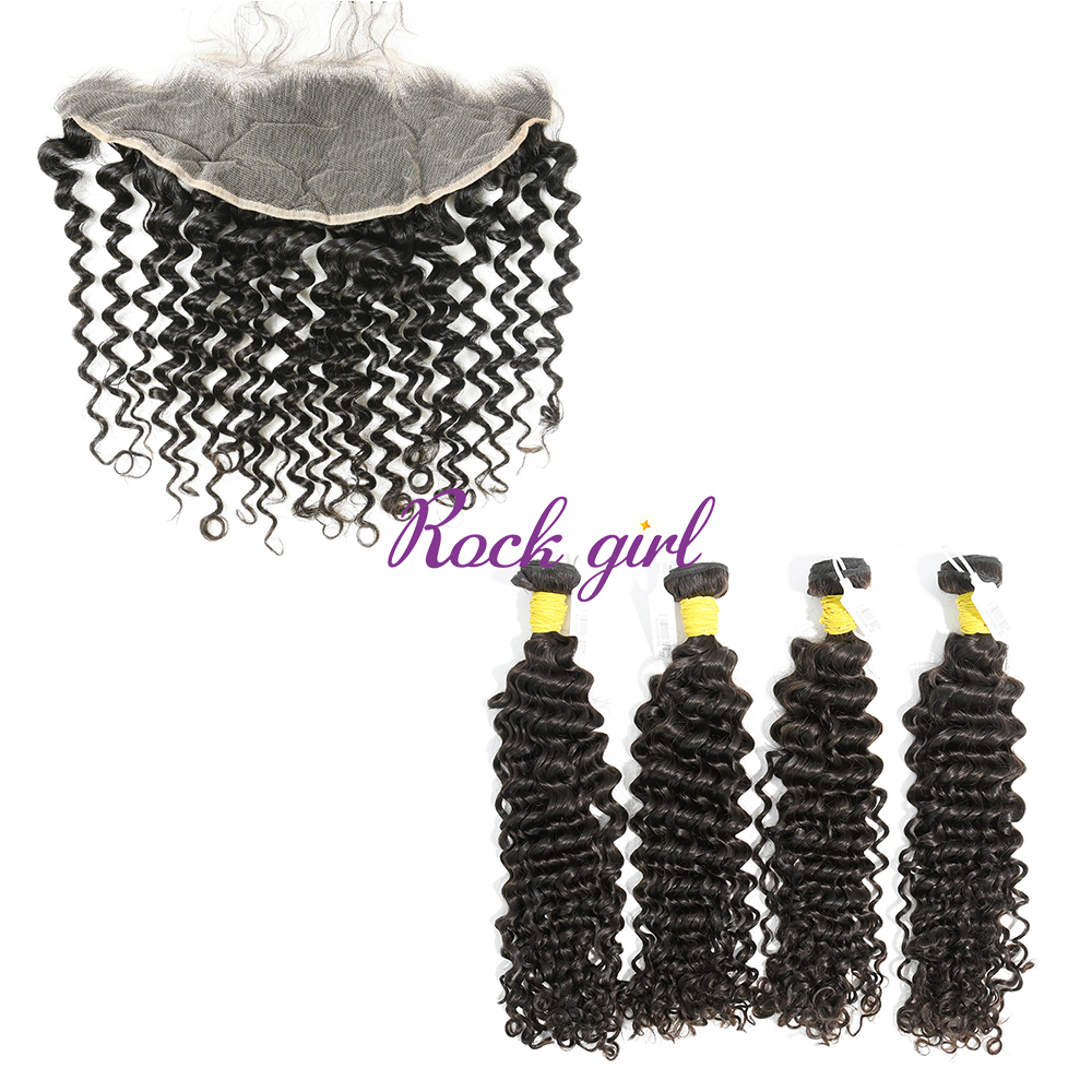 #1b Brazilian Raw Human Hair Weft with 13×4 Frontal Deep Curly