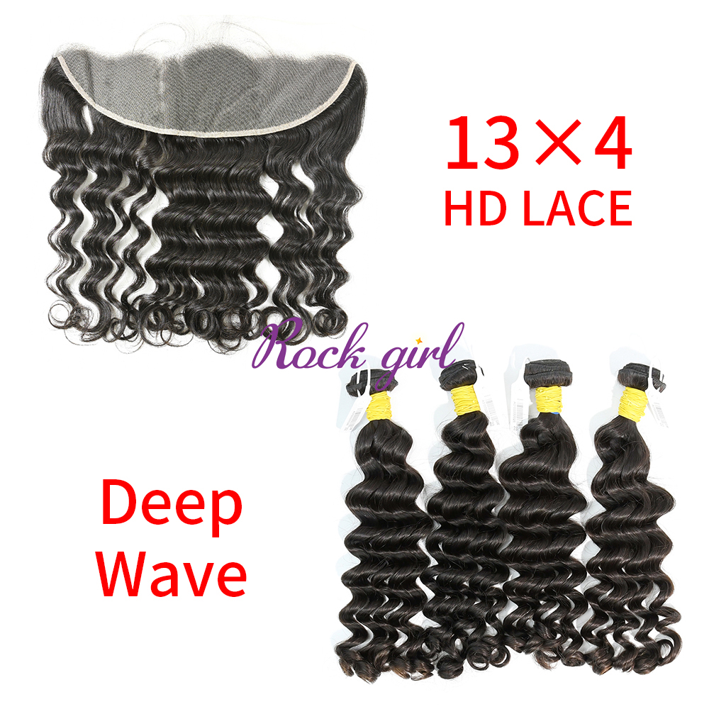 HD Lace Raw Human Hair Bundle with 13×4 Frontal Deep Wave