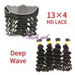 HD Lace Raw Human Hair Bundle with 13×4 Frontal Deep Wave