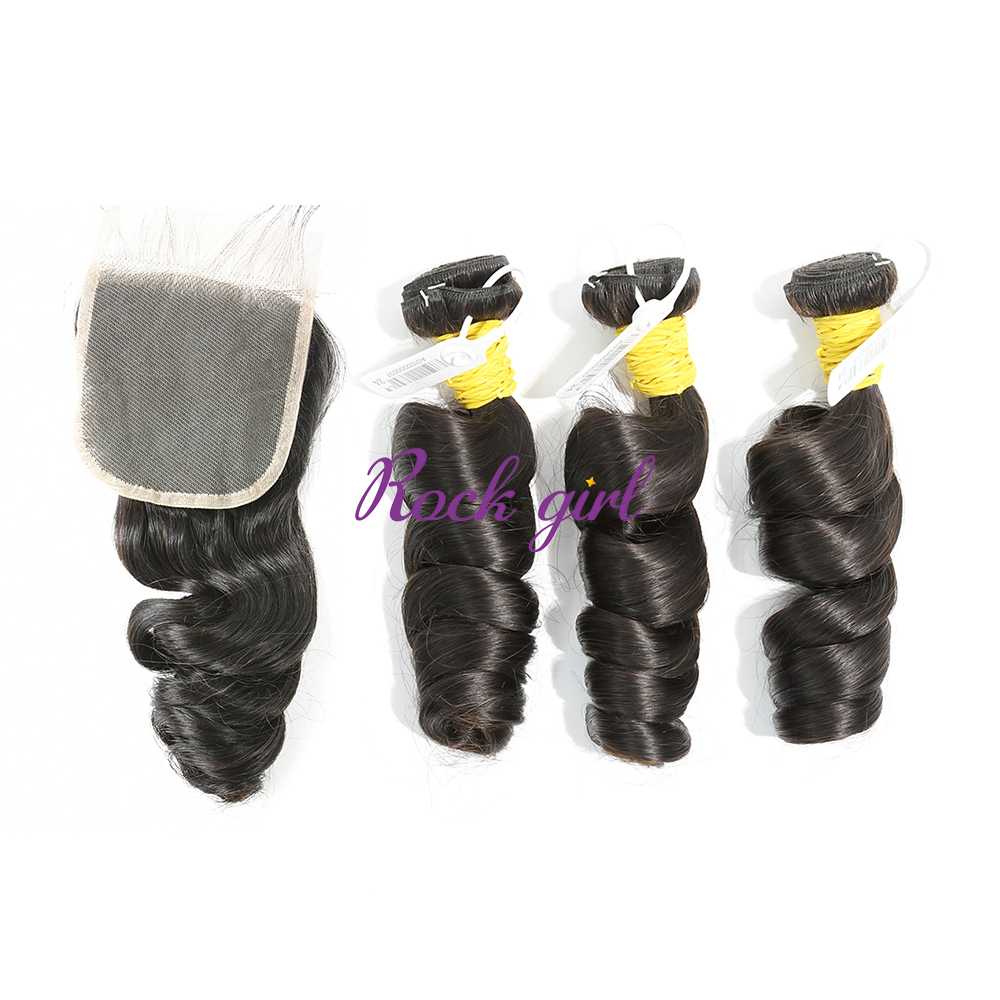 #1b Brazilian Raw Human Hair Weft with 4x4 Closure Loose Wave