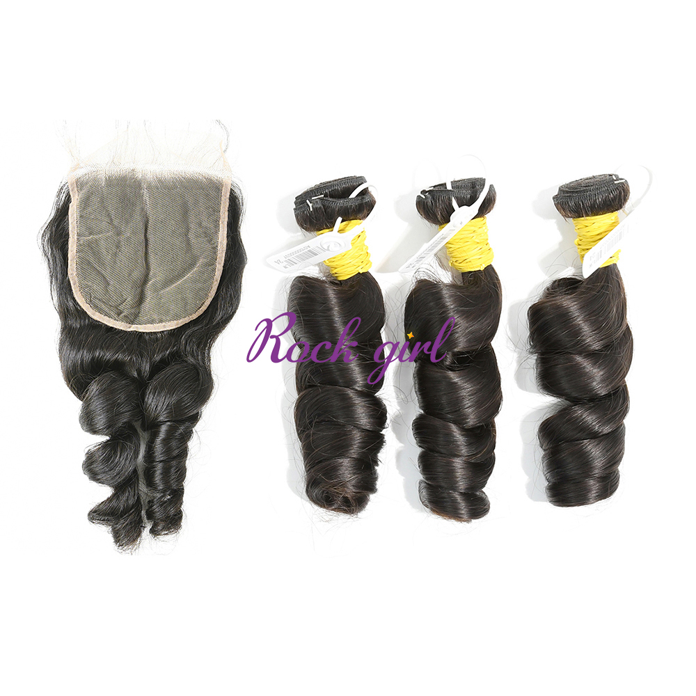 #1b Brazilian Raw Human Hair Weft with 5×5 Closure Loose Wave