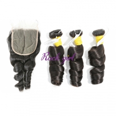 #1b Brazilian Raw Human Hair Weft with 5×5 Closure Loose Wave