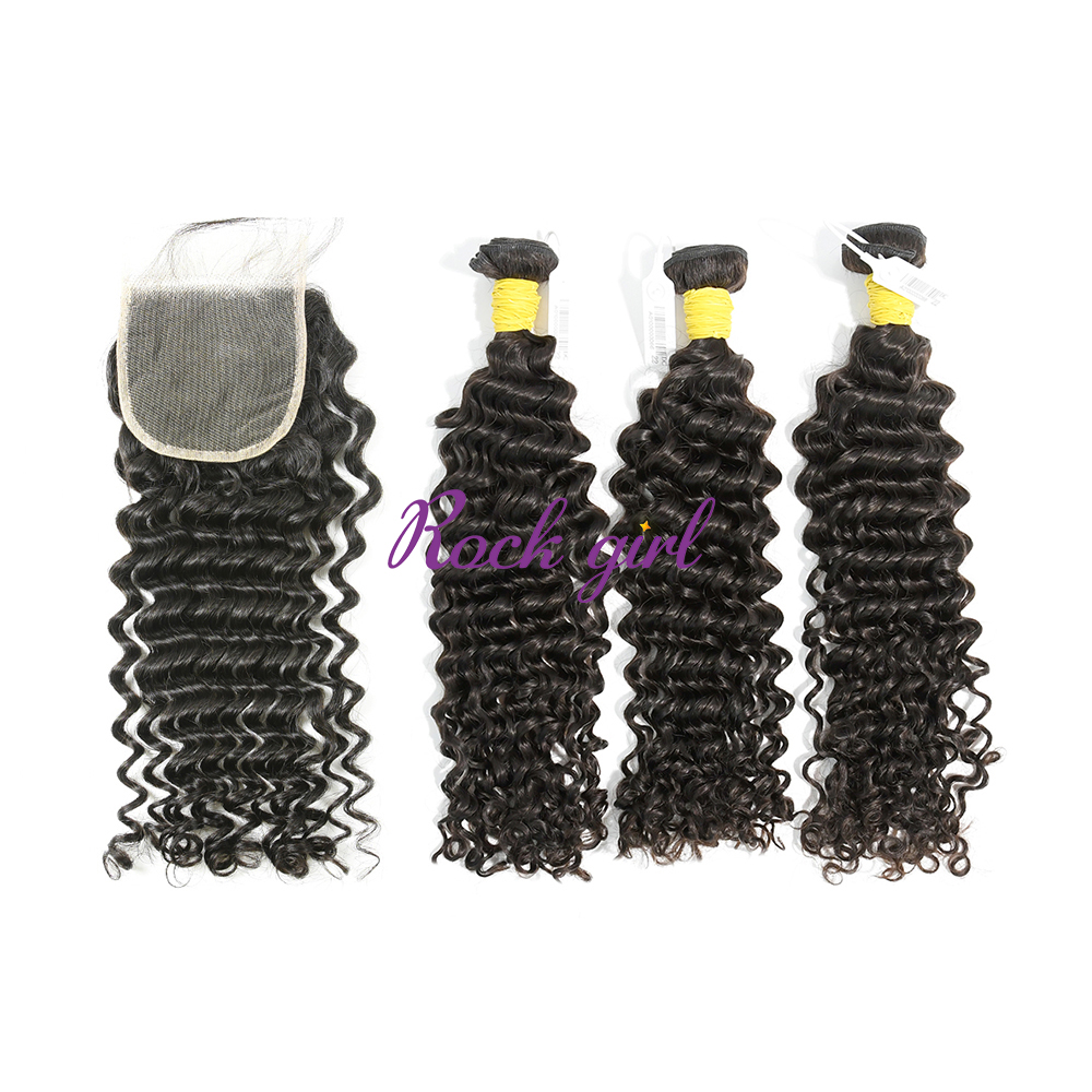 #1b Brazilian Raw Human Hair Weft with 4x4 Closure Deep Curly