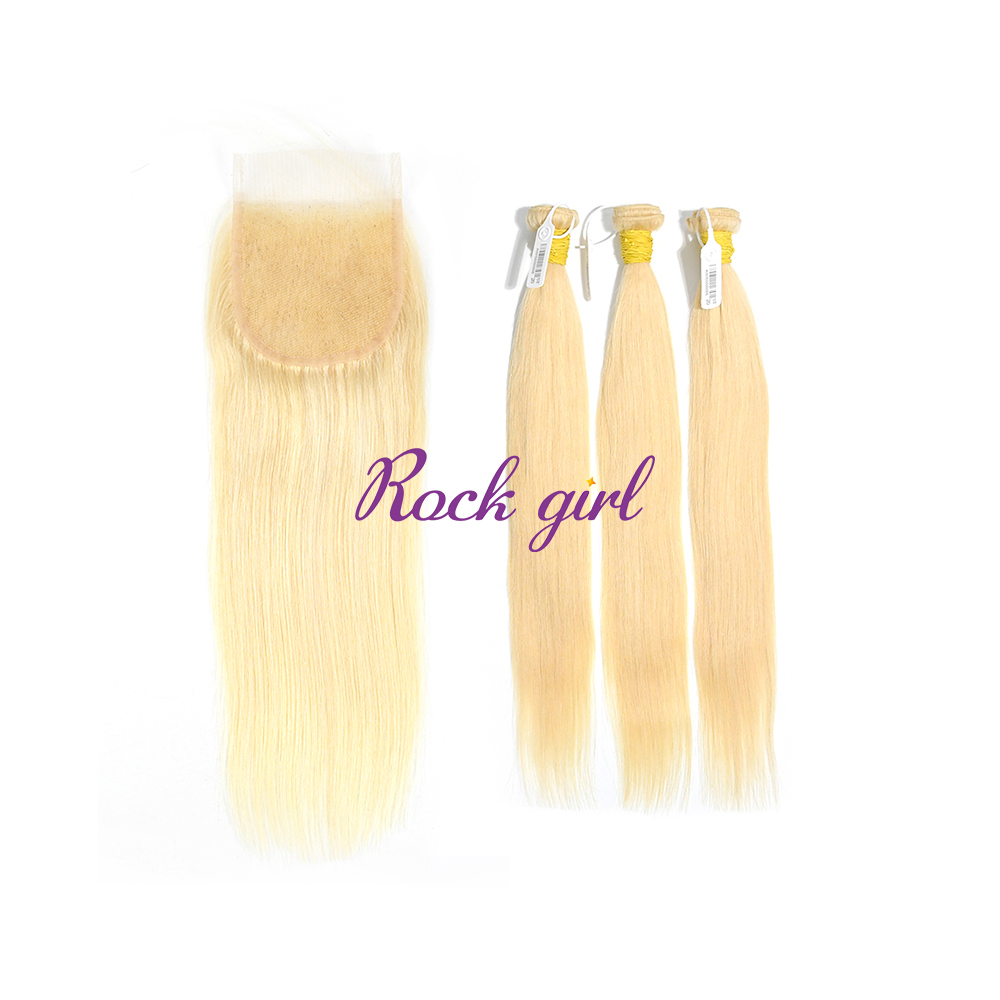 613# Raw Human Hair Blonde Straight Bundles With 4x4 Lace Closure