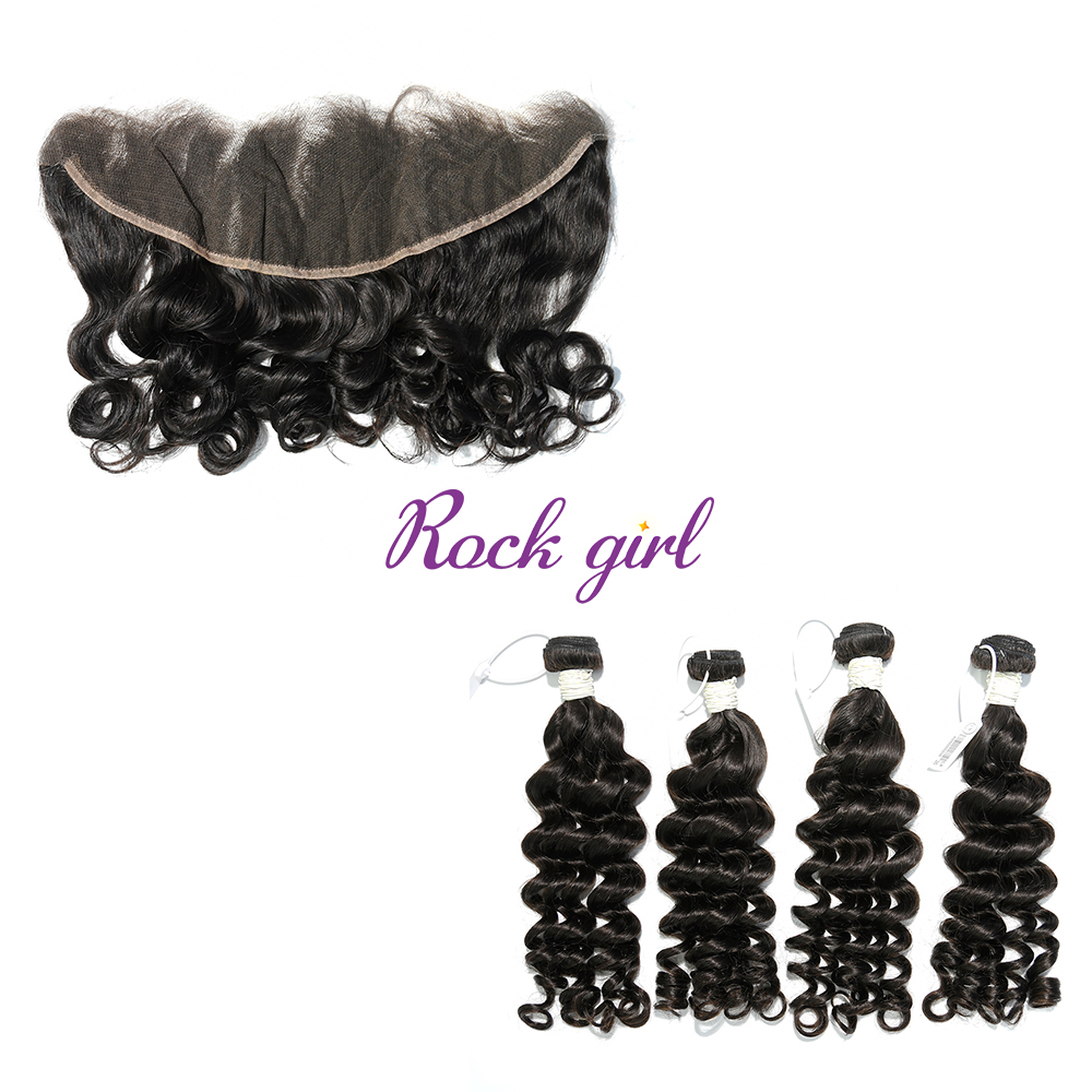 #1b Brazilian Virgin Human Hair Weft with 13x4 Frontal Loose Wave