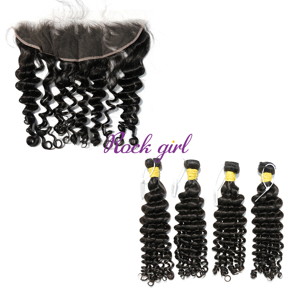 #1b Brazilian Raw Human Hair Weft with 13×4 Frontal Deep Wave